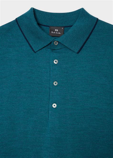 Mens Dark Teal Merino Wool Long Sleeve Polo Shirt Paul Smith Us