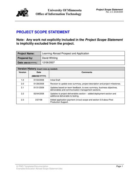 Free Printable Project Scope Templates Word Excel Pdf Example