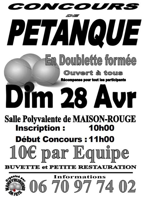 Concours de pétanque Ouvert à tous Maison Rouge 28 avril 2024