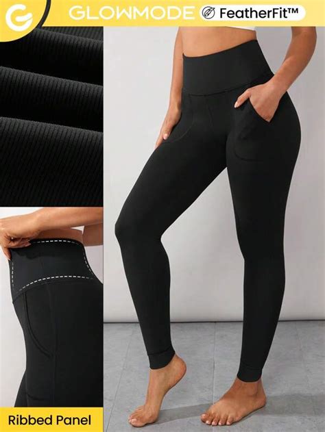 Glowmode Featherfit Yoga Leggings Ribbed Panel Waist Ultra