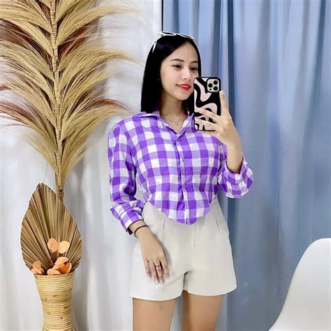 Atasan Kemeja Crop Puff Chia Kotak Lengan Panjang Ungu Ktk 3cm