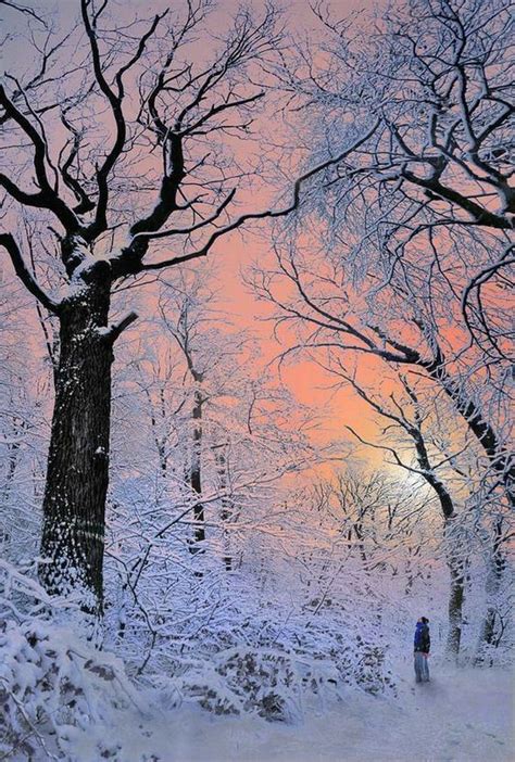 A Painting Of People Walking In The Snow At Sunset Or Dawn With Trees