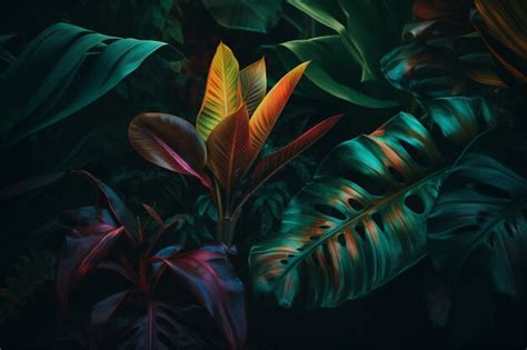 Premium Photo Lush Colorful Tropical Leaves On Dark Background