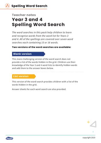 Years 3 And 4 Spelling Word List Differentiated Wordsearches Teaching