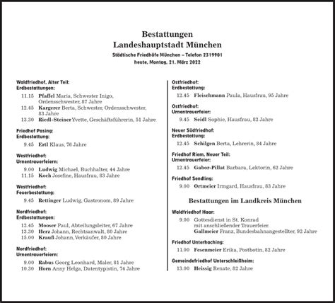 Traueranzeigen von Bestattungskalender München SZ Gedenken de