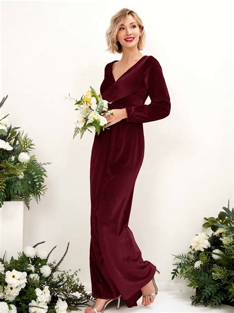 Dusty Rose Velvet Bridesmaid Dress Sheath Maxi Long Sleeve V-Neck | Carlyna