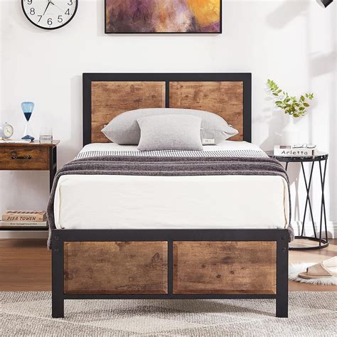 Taomika Platform Twin Size Bed Frame With Wood Headboard, Brown Bed ...