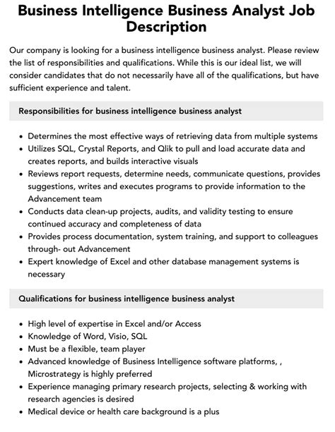 Business Intelligence Business Analyst Job Description Velvet Jobs