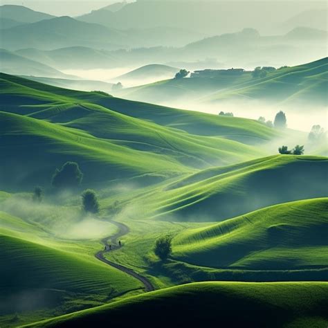 Premium AI Image Arafed View Of A Green Hilly Landscape With A