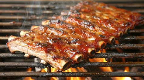 Succulent American Bbq Ribs Sizzling On Grill Smoke Rising From Juicy