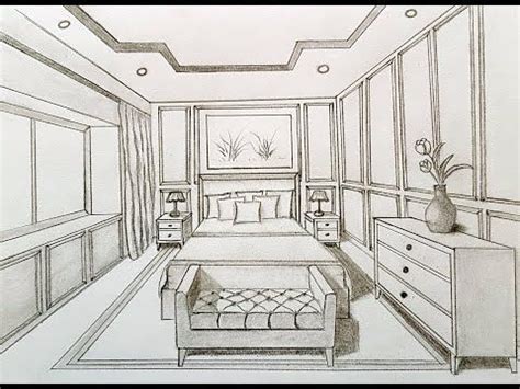 a drawing of a bedroom with a couch, dresser and bed in the middle of it