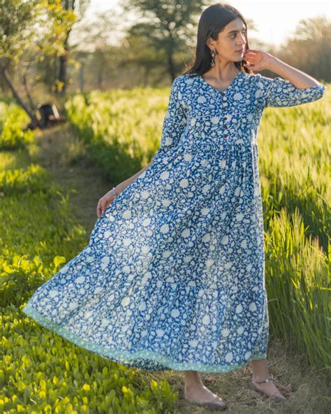 Mist Blue Handblock Printed Cotton Dress By Sooti Syahi The Secret Label