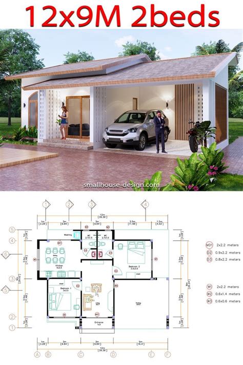 House Plans 12x9 Meter 2 Beds 2 Baths Gable Roof Full Plans House