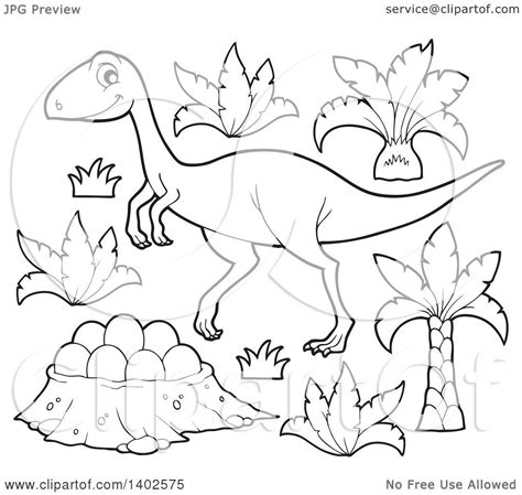 Clipart Of A Black And White Lineart Raptor Dinosaur And Eggs Royalty