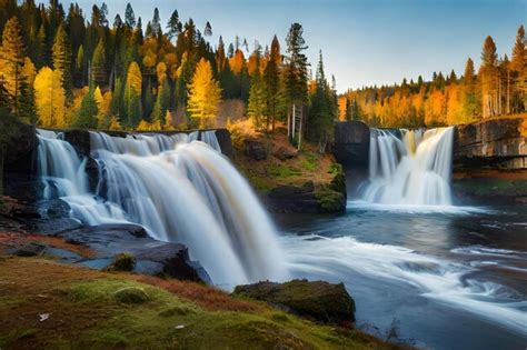 Premium AI Image | a waterfall with a yellow tree in the background