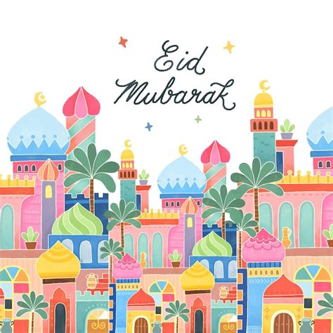 Premium Vector Eid Mubarak Greeting Card With Islamic Mosque Hand