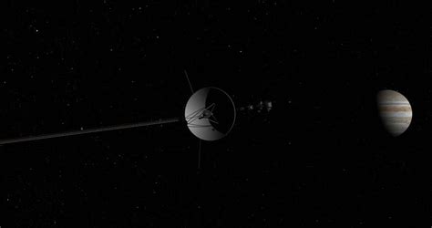 Flyby Of Voyager Spacecraft Travelling Toward A Distant Jupiter. Data ...