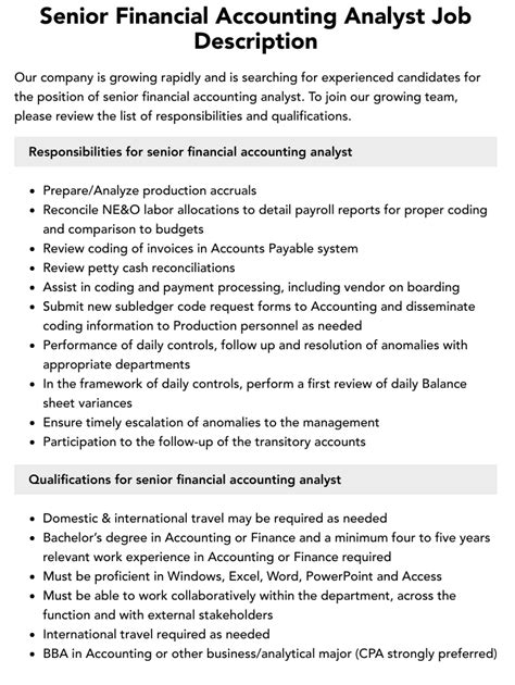 Senior Financial Accounting Analyst Job Description Velvet Jobs