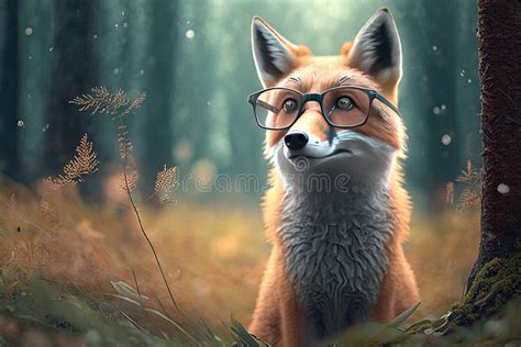 Sophisticated Fox Wearing Glasses In A Beautiful Forest Stock