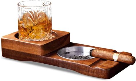 Kovot Cigar Ashtray And Whiskey Glass Tray Exquisite Rustic Wooden Tray With Cocktail Glass