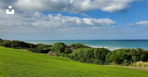 A Lush Green Field Next To The Ocean Under A Cloudy Blue Sky Photo