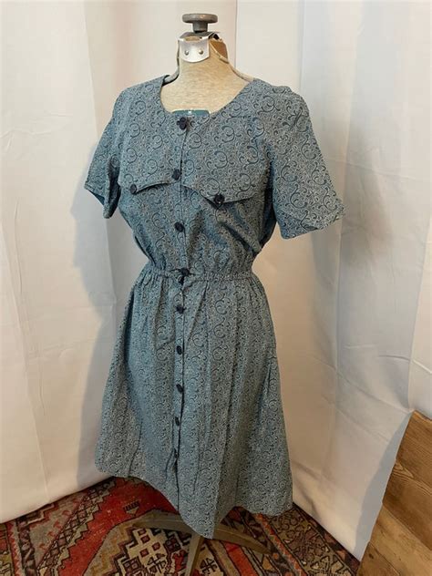 1950s Vintage Indigo Cotton Calico Day Shirt Dress M Gem