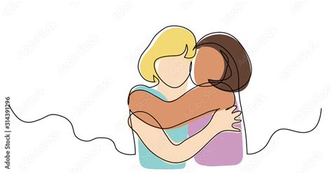 continuous line drawing of two girls hugging each other Stock Vector ...