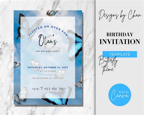 Editable Blue Butterfly Party Invitation Template Digital - Etsy