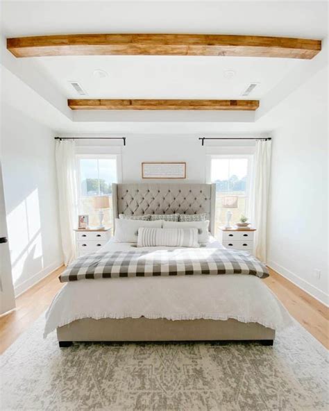 White Bedroom Ceiling With Natural Exposed Wood Beams - Soul & Lane