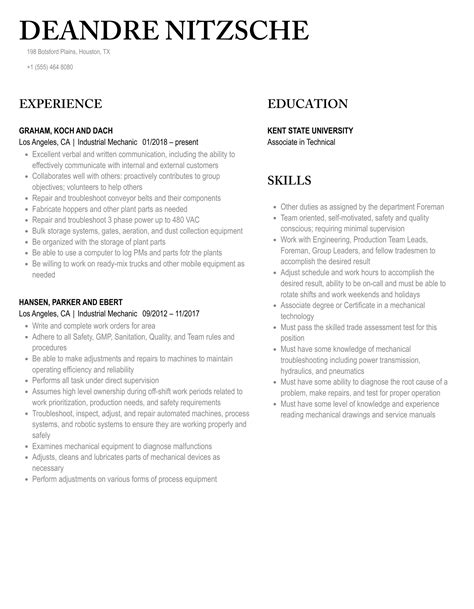 Industrial Mechanic Resume Samples | Velvet Jobs