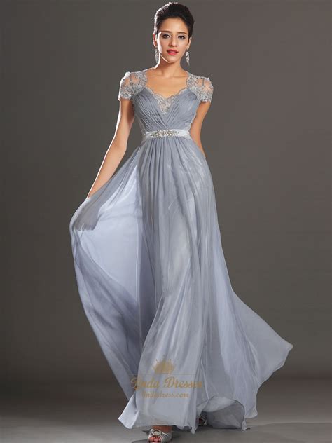 Grey Chiffon A Line V Neck Cap Sleeve Prom Dress With Illusion Lace