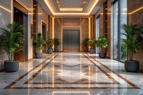 D Rendering Of A Luxury Hotel Lobby With A Beautiful Marble Floor