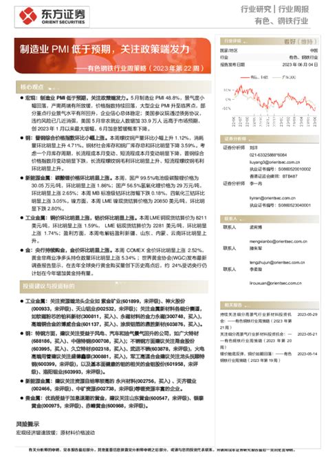 有色钢铁行业周策略（2023年第22周）：制造业pmi低于预期，关注政策端发力