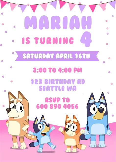 Editable Girls Bluey Birthday Party Invitation Pink Digital Etsy