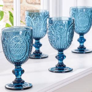 Set Of Four Embossed Blue Wine Glasses By Dibor