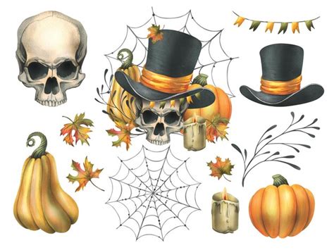 Premium Photo Human Skull In Black Top Hat With Orange Pumpkins Cobweb Candles And Autumn