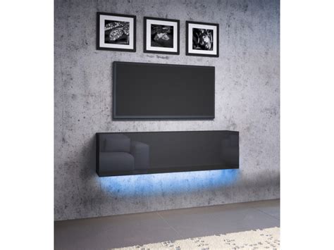 Meuble Tv Suspendu Cm Noir Noir Brillant Avec Led Style