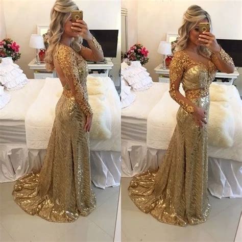 Gorgeous Gold Sequin Long Sleeves Evening Dress 2016 Sheer Backless