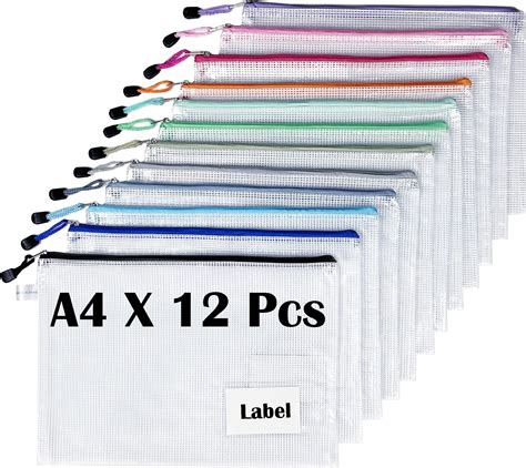 12 Pcs A4 Plastic Wallets Mesh Zipper Pouch With Label Pocket Tranbo