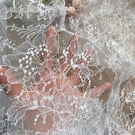 1 Yards Off White Clear Sequin Lace Fabric Bridal Overlay Wedding Lace