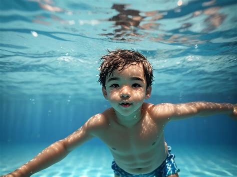 Ni O Nadando Bajo El Agua En La Piscina Agua De Mar Azul Ni O Ni O