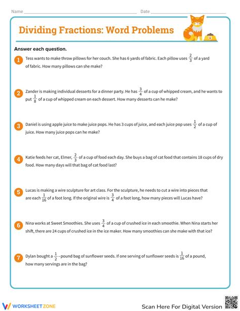 Dividing Fractions Word Problems Worksheet