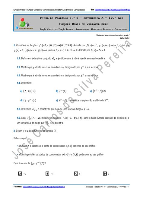 Funcoes Enunciado Bom Ficha De Trabalho N º 8 MatemÁtica A 10 º