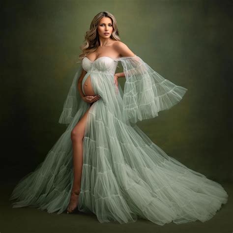 Elegant Mint Green Maternity Gown For Photoshoot Or Babyshower Tulle