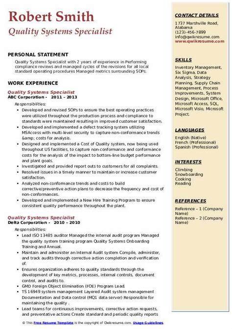 Quality Systems Specialist Resume Samples Qwikresume