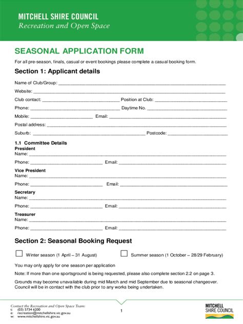 Fillable Online Seasonal Application Form Shire Of Mitchell Fax Email