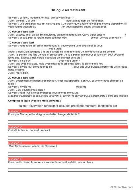 Dialogue au restaurant compréhension English ESL worksheets pdf doc