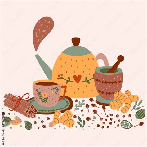 Spicy Tea Illustration Hot Flavored Spiced Tea Party Print Cartoon