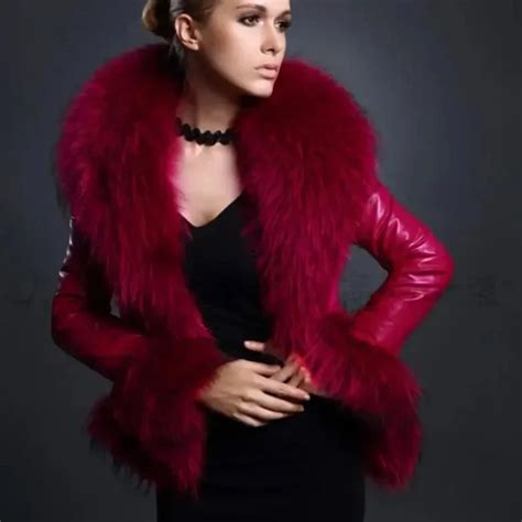 Red Black Raccoon Fur Collar Imitation Fur Pu Fur Short Slim Fit Coat