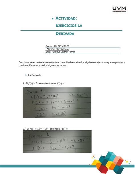 Actividad 3 Ejercicios ACTIVIDAD EJERCICIOS LA DERIVADA Fecha 19